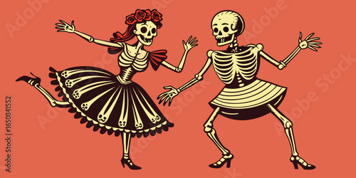Dancing skeletons couple celebrating day of the dead
