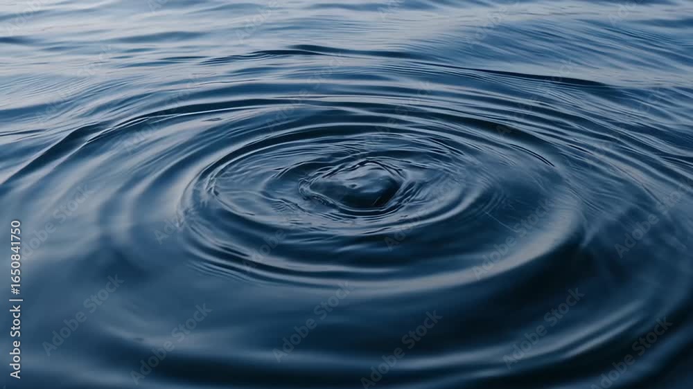 Gentle ripples spread across the calm surface of deep blue water, creating mesmerizing circular patterns in the tranquil scene. The video captures the soothing motion and peaceful atmosphere. Gentle ripples spread across the calm surface of deep blue water, creating mesmerizing circular patterns in the tranquil scene. The video captures the soothing motion and peaceful atmosphere.