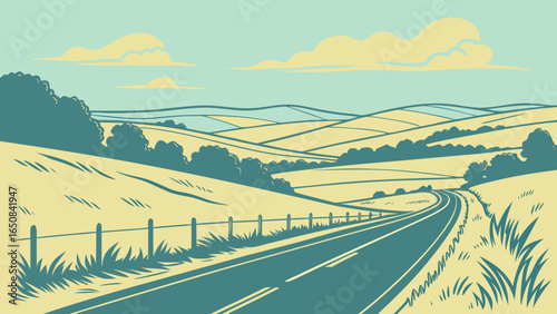 Stylized rural landscape with a winding road and rolling hills