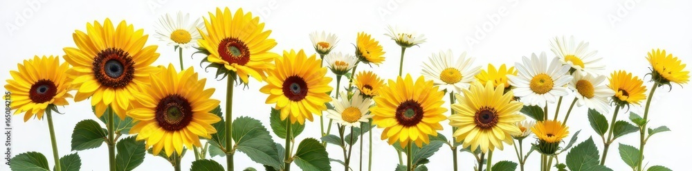 Fototapeta premium Vibrant sunflowers & daisies bouquet, isolated on white , background, plant, sunflowers