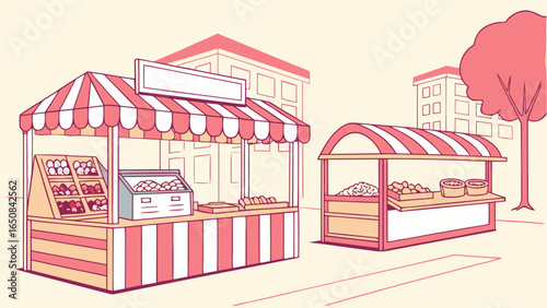 Cartoon illustration of a street market with two stalls selling produce