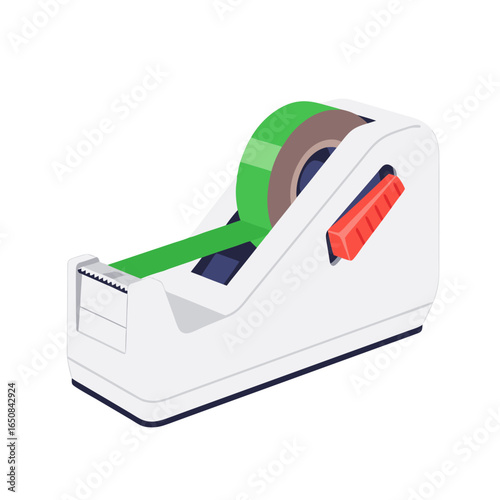 Isometric tape dispenser showcasing vibrant green adhesive ready for usage with minimalist style
