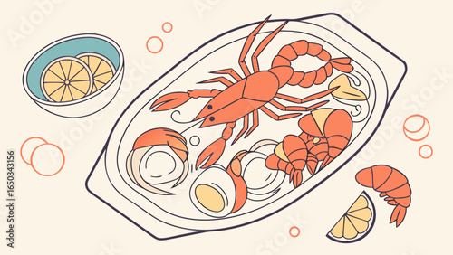 Stylized illustration of a seafood platter with lobster and shrimp