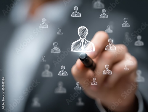 Human resources manager using stylus choose the right candidate recruitment process,Hiring,Team building strategy,Corporate recruitment process with CRM tools and Digital innovation in human resources