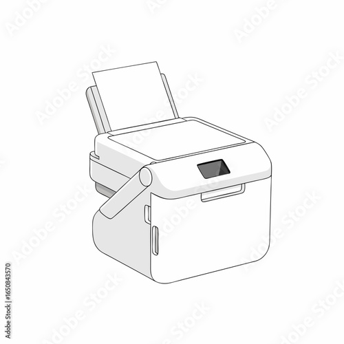 Illustrative representation of a modern printer device for digital outputs with paper tray and display screen imaging innovation technology