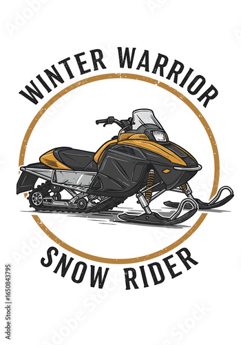A snowmobile, depicted in a vintage-style illustration, dominates a circular emblem, boldly proclaiming "Winter Warrior Snow Rider.".