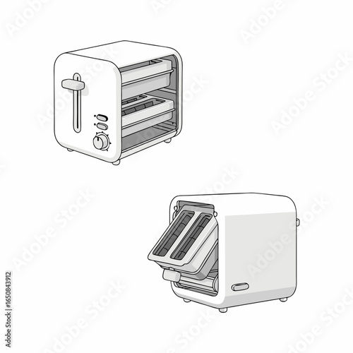 Elegant toaster illustrations showcasing both closed and open views with sleek contours and shading precision for detailed home appliance