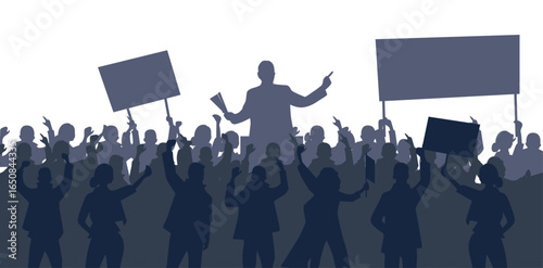 silhouettes people political rally people banner placard politician speaks into megaphone on platform protesting crowd demonstration background concept