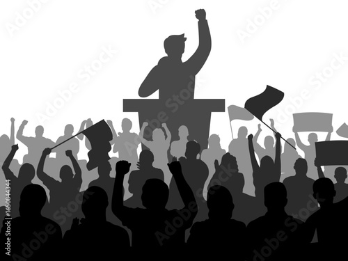 silhouettes people political rally people banner placard politician speaks into megaphone on platform protesting crowd demonstration background concept