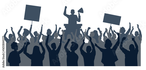 silhouettes people political rally people banner placard politician speaks into megaphone on platform protesting crowd demonstration background concept