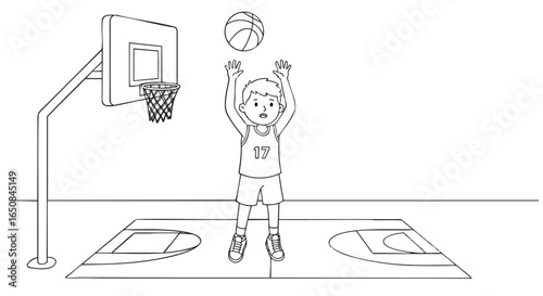 Young basketball player shooting a jump shot towards the hoop on an outdoor court, black and white line art illustration for coloring