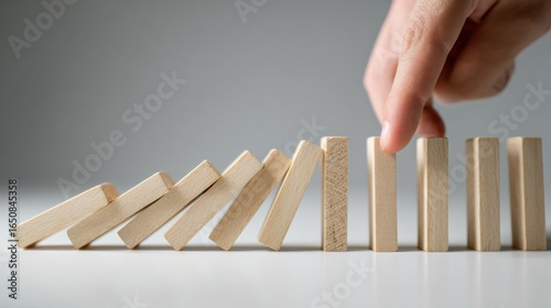 Hand pushing dominoes