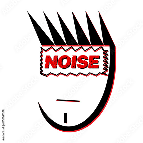 Abstract punk face with mohawk spikes and red distressed NOISE typography, grunge rebellious graphic design illustration