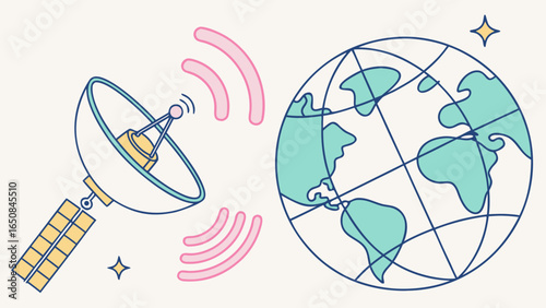 Satellite transmitting signals to planet earth with communication waves