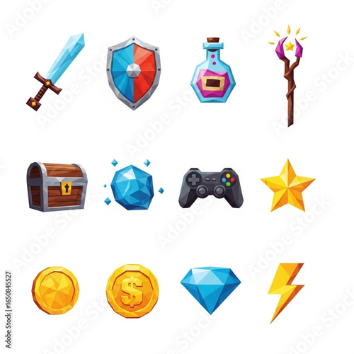 Collection of game assets including sword, shield, potion, staff, chest, gem, controller, star, coin, diamond, and lightning.