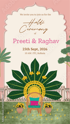 A vibrant pink yellow haldi invitation design for the Indian wedding ceremony with Mughal foilage and traditional haldi setup, mehendi template, sangeet invitation