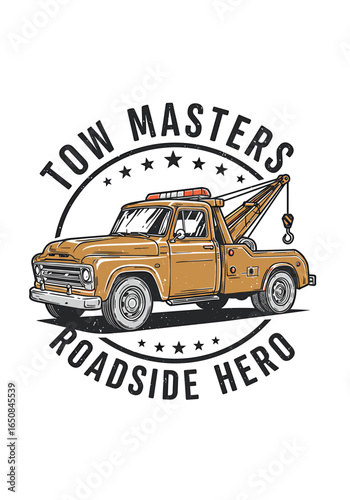 Illustration of a vintage tow truck with a crane, encircled by text and stars, promoting roadside assistance.