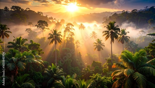 Sunrise over a Tropical Rainforest Valley in Bali, Indonesia.