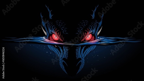  dragon head  fierce emerging from darkness of lake.