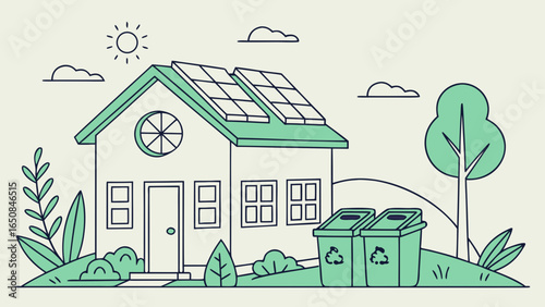 Eco friendly house with solar panels and recycling bins