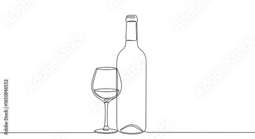 Continuous line art drawing of a wine bottle and glass on white background
