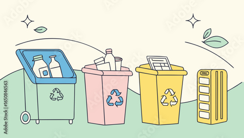 Colorful recycling bins for different types of waste with recycling symbols