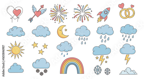 Whimsical Hand-Drawn Icon Set Featuring Weather Elements, Festive Celebrations, and Romantic Symbols for Creative Projects and Designs