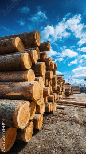 Logs stacked in a lumber yard under a blue sky