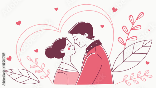Loving couple embracing surrounded by hearts and leaves