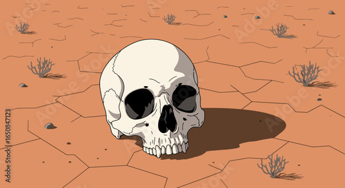 Graphic Illustration Depicting a Skull in a Cracked Desert Landscape, Symbolizing Mortality and Environmental Concerns for use in Educational and Awareness Campaigns