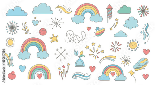 Pastel Rainbow and Cloud Doodle Illustration for Children's Designs and Educational Resources, perfect for adding a whimsical touch to any creative project