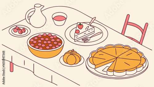 Cozy autumn table setting with pie and cake