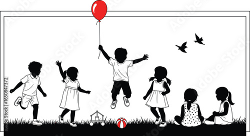 Happy kids playing outside in summer, group of children with balloon, fun outdoor activity, childhood joy, nature, sunny day, playtime