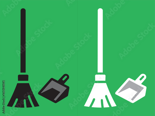 Flat icon of a broom and dustpan set, shown in black and white versions on a green background.