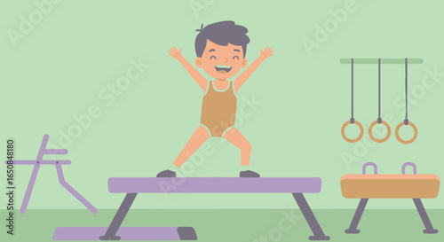 Joyful young child proudly balances on a gymnastics beam, arms triumphantly raised amidst gym equipment, a vibrant scene of childhood sports and active play