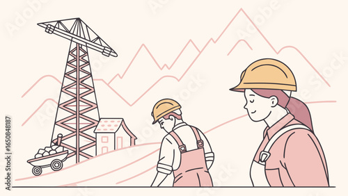 Construction workers with crane and mountain background illustration
