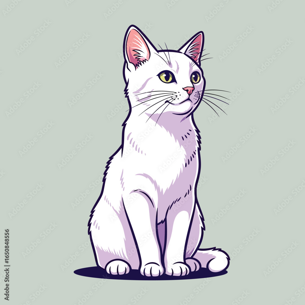 Fototapeta premium A charming illustration of a white cat sitting attentively, looking slightly upwards.