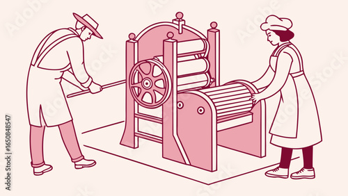 Vintage illustration of workers operating a dough roller machine