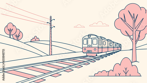 Minimalist line art illustration of a train traveling on tracks through a landscape