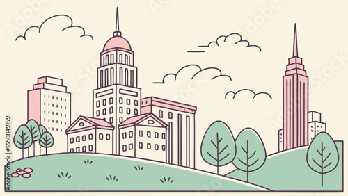 Stylized cityscape with tall buildings and green hills