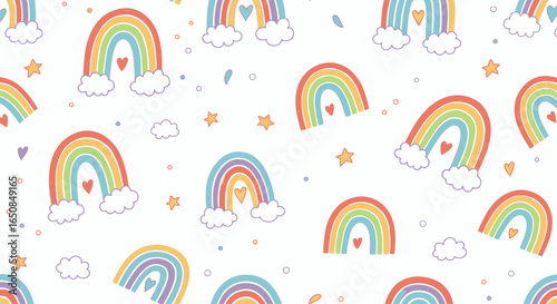 Cheerful Rainbow Pattern with Hearts and Stars for Kids' Products, Fabric Design, and Festive Decorations. Ideal for Children's Apparel, Room Decor, and Party Supplies