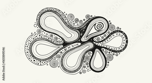 Intricate Hand-Drawn Abstract Illustration Featuring Flowing Organic Shapes and Detailed Patterns for Creative Design Projects