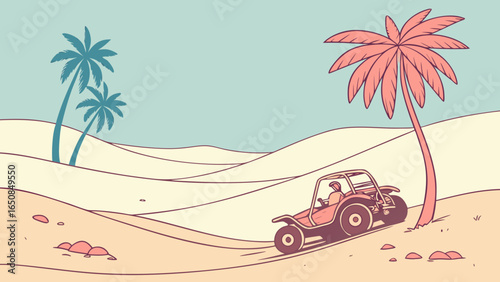 Person driving a dune buggy through desert sand dunes with palm trees