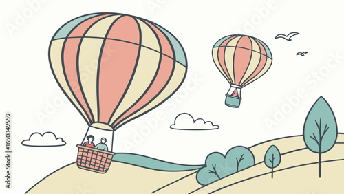 Two hot air balloons floating over a stylized landscape with people and birds