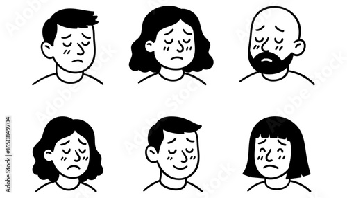 Set of sad people with downcast expressions in hand drawn doodle style