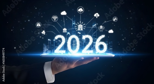 Futuristic smart city displayed on a glowing tablet held by a person in a dark suit, featuring skyscrapers forming 2026 with icons for connectivity, Wi-Fi, and cloud technology.