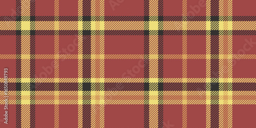 Seamless red, yellow, and black tartan plaid pattern with crisp diagonal stripes. Geometric checkered design for fabric, wallpaper, or digital backgrounds. Vector repeatable textile texture