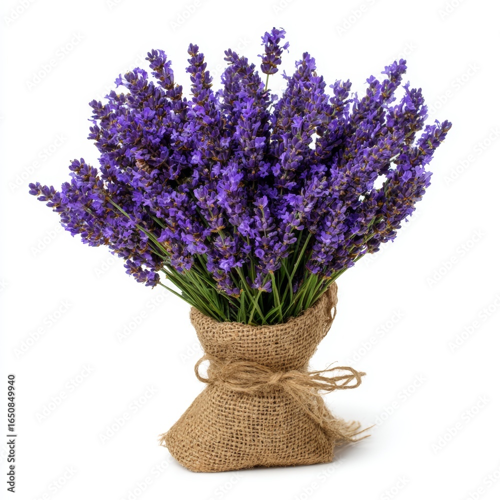 Fototapeta premium A beautiful bouquet of lavender flowers, tied with a twine rope, presented in a rustic burlap sack. The vibrant purple blooms and the sack create a natural and charming aesthetic