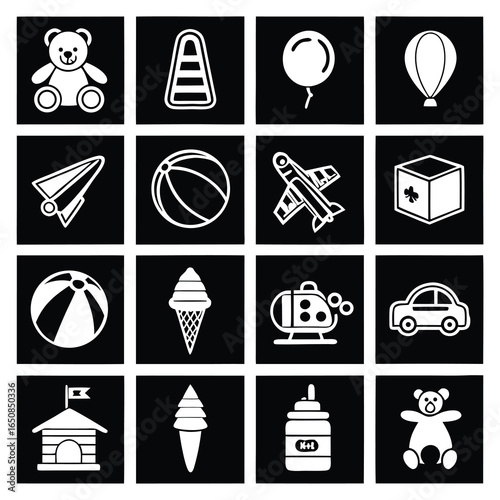 Collection of sixteen white simple toy icons on a black background representing childhood fun and play