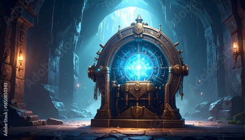 Ancient machine glowing with blue energy